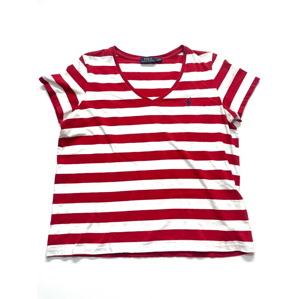 Polo Ralph Lauren Red White Striped V-Neck T-Shirt Large Preppy Short Sleeve